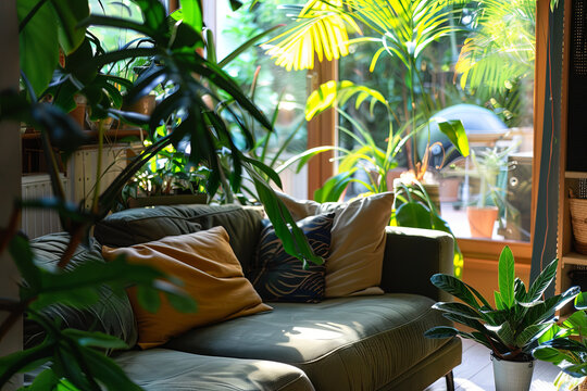 Interior of living room with green houseplants and sofas
