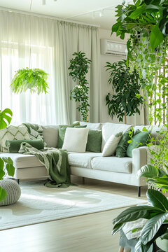 Interior of living room with green houseplants and sofas
