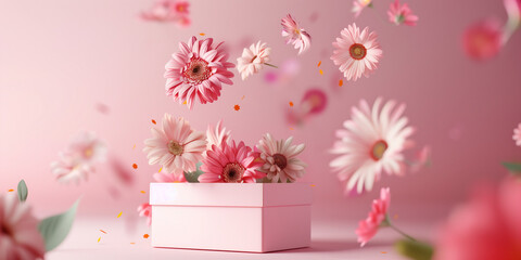 Charming image capturing assorted Gerbera flowers whimsically escaping a pink box against a pink background