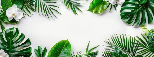 Tropical Leaves Summer Flat Lay: Creative summer flat lay featuring vibrant tropical leaves and white orchids on a fresh white background.