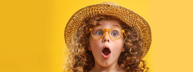 Amazed young girl in a straw hat and yellow glasses, her expression one of delightful surprise, on a bright yellow backdrop.
