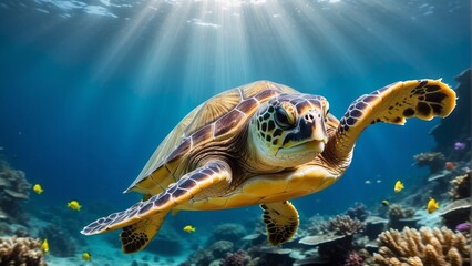 Obraz premium Sea Turtle in Underwater Reef Habitat