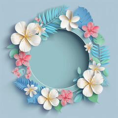A creative representation using paper art of a floral wreath with white blossoms with pink and blue accents on a pastel background Ideal for crafting or decor themes