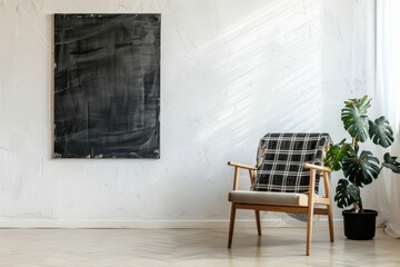 Abstract art in home gallery, showroom with design furniture. Vertical shot of soft plaid on...