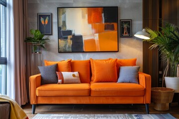 Back of the comfort orange sofa at modern apartment with copy space picture frame for art or painting on wall. Living room interior, elegant home design with furniture. Simple style of elegant flat