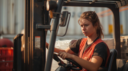A concentrated young woman operates a forklift, carefully navigating inside a warehouse or storage facility