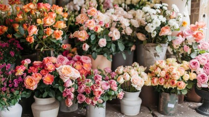 Fototapeta na wymiar A large assortment of flowers are displayed in various vases, including pink and white roses. The arrangement is colorful and vibrant, creating a cheerful and inviting atmosphere