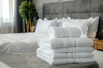 Clean and fresh white bath towels on neatly bed in hotel suite. Concept of room service, comfort staying and luxurious apart. Guest bedroom in apartment at morning - obrazy, fototapety, plakaty