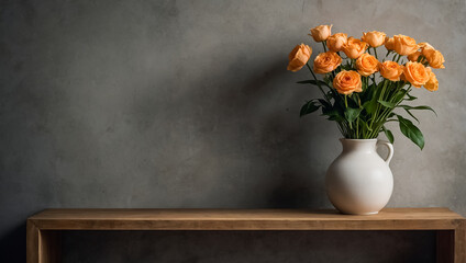wooden board on old wall, vase with flower minimalist