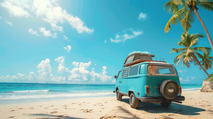 A serene blue van with a surfboard on top basks in the sunlight on a pristine beach with a breathtaking ocean view