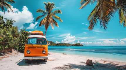 This image offers a front view of an iconic orange van parked on a picturesque beach, with lush palm trees and calm blue waters