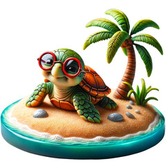 A turtle wearing glasses is sitting on a beach next to a palm tree, turtle sea, isolate on white background.