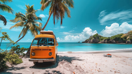 A classic yellow van stands on a pristine beach offering a nostalgic nod to vintage travel against a backdrop of turquoise waters and palm trees