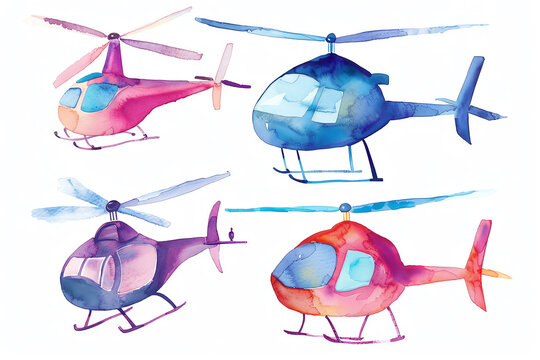 Minimalistic watercolor illustration of helicopters on a white background, cute and comical