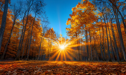 The sun shines through the trees in the forest on a sunny day, creating a peaceful and tranquil atmosphere.