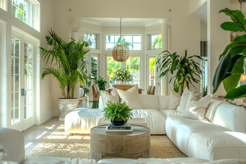 
A serene living room exudes modern elegance with white furnishings, accented by lush green plants and soft natural light, creating a tranquil oasis captured in stunning HD detail