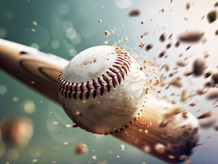 Baseball player hitting ball with bat in close up explosion effect with blur motion