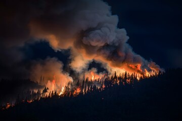 Intense forest fire with blazing flames and dark smoke creating an urgent danger