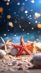 Starfish and Shells on Sandy Beach at Night with Glowing Lights. - 795489929