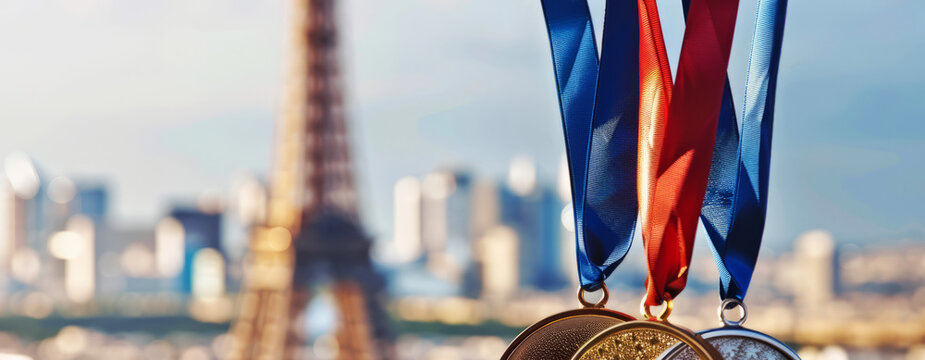 medals against the backdrop of Paris with the Eiffel Tower in a blurred background. 
