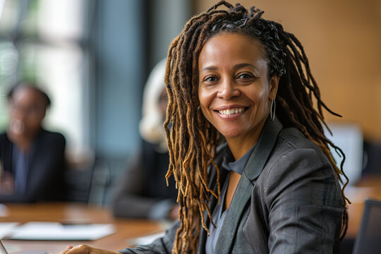 Woman with dreadlocks smiling at the camera during a meeting in a business office. Mature and professional business woman leading a corporate team towards success
