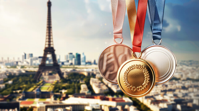 medals against the backdrop of Paris with the Eiffel Tower in a blurred background. 