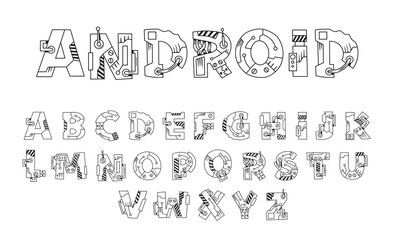Android robot font. Cartoon black and white vector graffiti letters