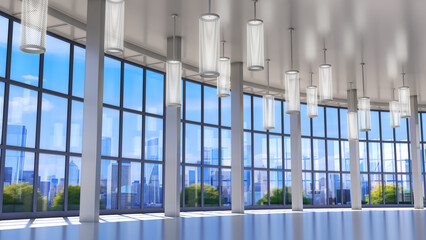 Interior of atrium in a mall, commercial, business center or exhibition with designer ceiling lighting, round glass facade and city views. 3d illustration