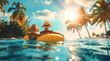 A pair of individuals enjoy a relaxing time on a yellow float in the crystal-clear sea with majestic palm trees under a sunny sky - Powered by Adobe