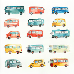 Minimalistic watercolor illustration of buses on a white background, cute and comical