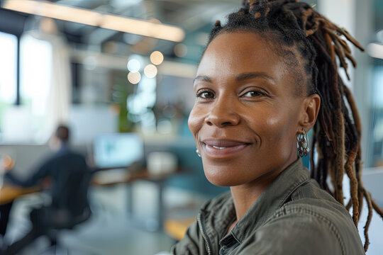Woman with dreadlocks smiling at the camera during a meeting in a business office. Mature and professional business woman leading a corporate team towards success
