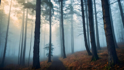 Obraz premium a foggy forest, full of all kinds of things, and one really loses one's orientation here.