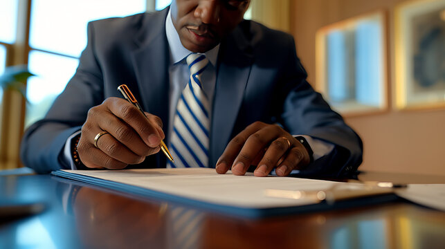 The image captures a businessman in a formal outfit signing documents, but his face remains undistinguishable