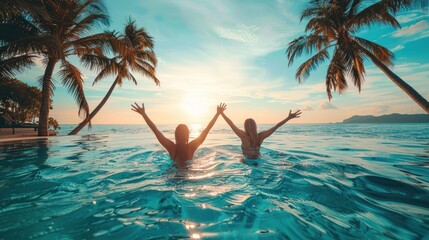 Two friends with raised arms enjoying a tropical sunset in a resort pool, symbolizing relaxation and luxury vacation