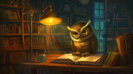 A wise owl with big eyes sits at an old desk in the library wearing a scarf. Teachers day. Back to school. Student day