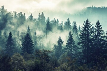 Misty landscape with fir forest in vintage retro  , AI generated