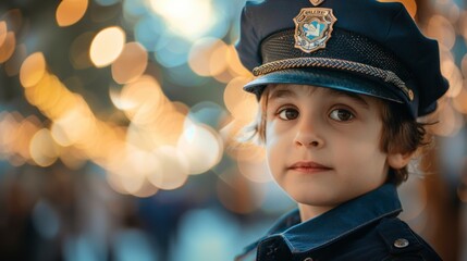 cute boy with police suit on the street with blurred background in high resolution and high quality