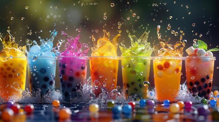 Craft an image of levitating boba tea pearls swirling in cups of colorful drinks , 8k