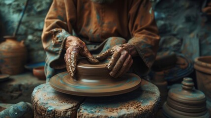 A close-up of a potter hands shaping clay on a wheel in a rustic workshop