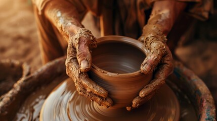 A close-up of a potter hands shaping clay on a wheel in a rustic workshop