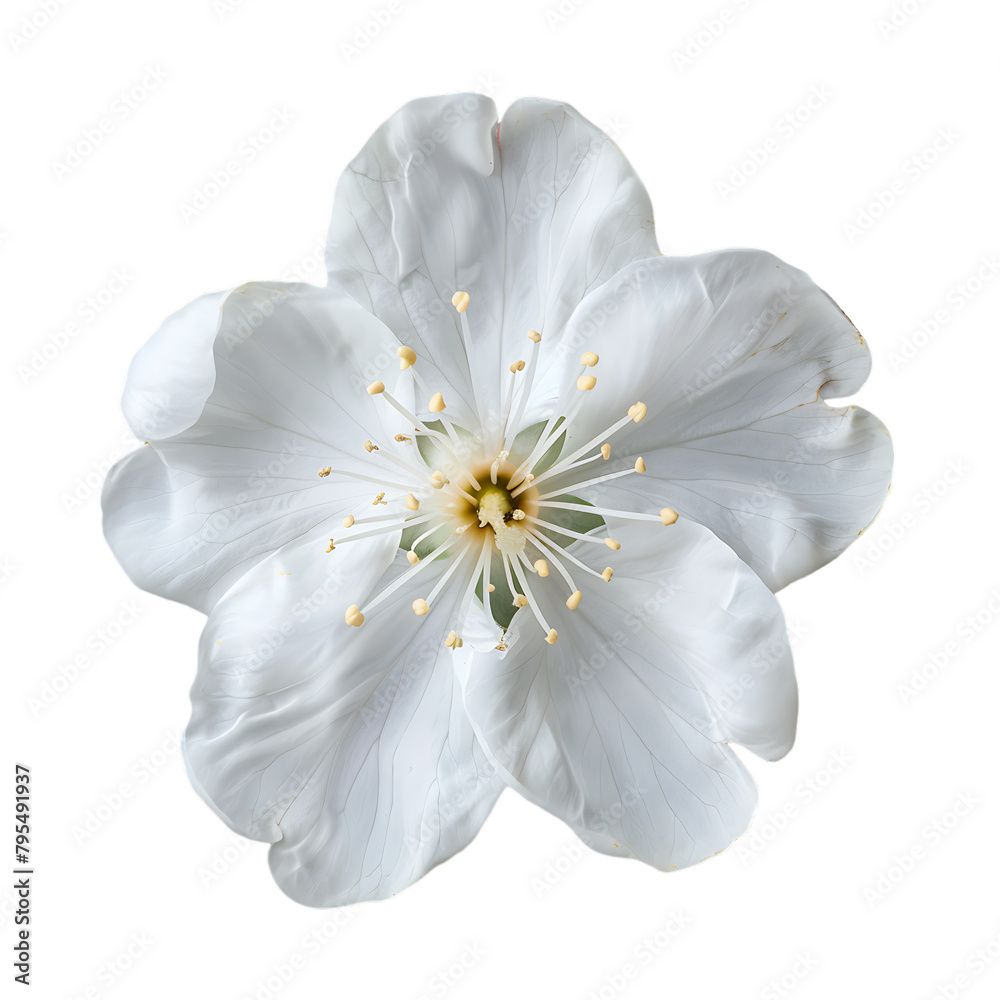 Wall mural a white flower with a yellow center and light green stamen.