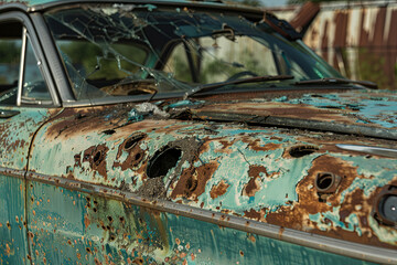 An abandoned, bullet-hole ridden car, lays rusting away on the outskirts of town
