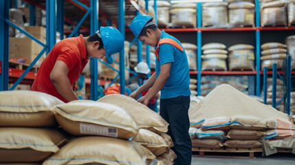 Workers with hard hats are supervising and handling sacks of goods in a storage warehouse