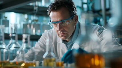 A scientist conducts research in an industrial lab, analyzing chemical reactions for product development