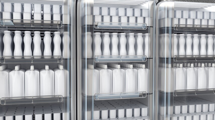 Close-up of retail fridges with glass doors and blank dairy products in plastic packaging. 3d illustration
