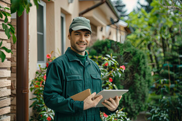 Portrait Of Courier With Digital Tablet Delivering Package
