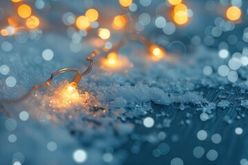 christmas lights over snow on wooden background
