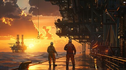 Oil rig workers maintain operations in the open sea, showcasing the challenging environment