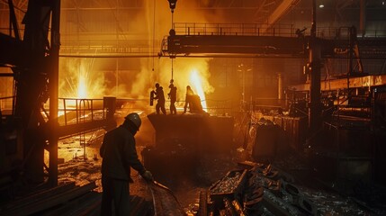 Workers in a steel mill melt and mold metal, the furnace glowing in the background