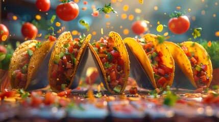 Envision a levitating taco bar with toppings floating above the taco shells , 8k